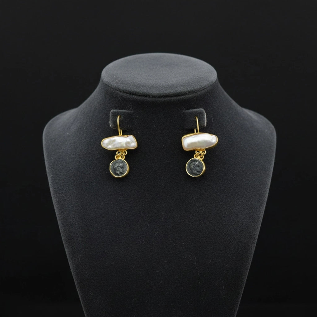 Designer Pearl Coin earrings from AtelierSultan Bodrum, handcrafted Turkish artisan jewelry with 925 sterling silver and ancient art inspiration
