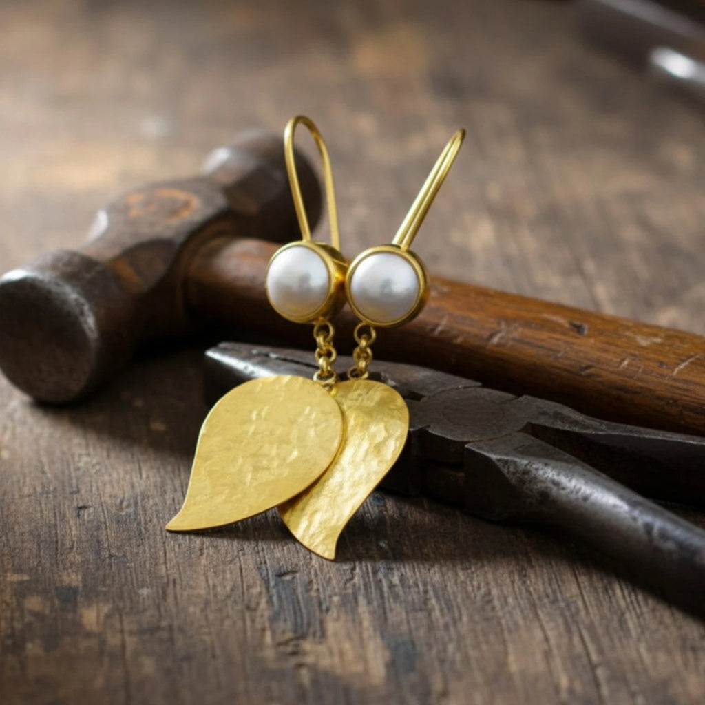 Designer Pearl Leaf earrings from AtelierSultan Bodrum, handcrafted Turkish artisan jewelry with 925 sterling silver and ancient art inspiration
