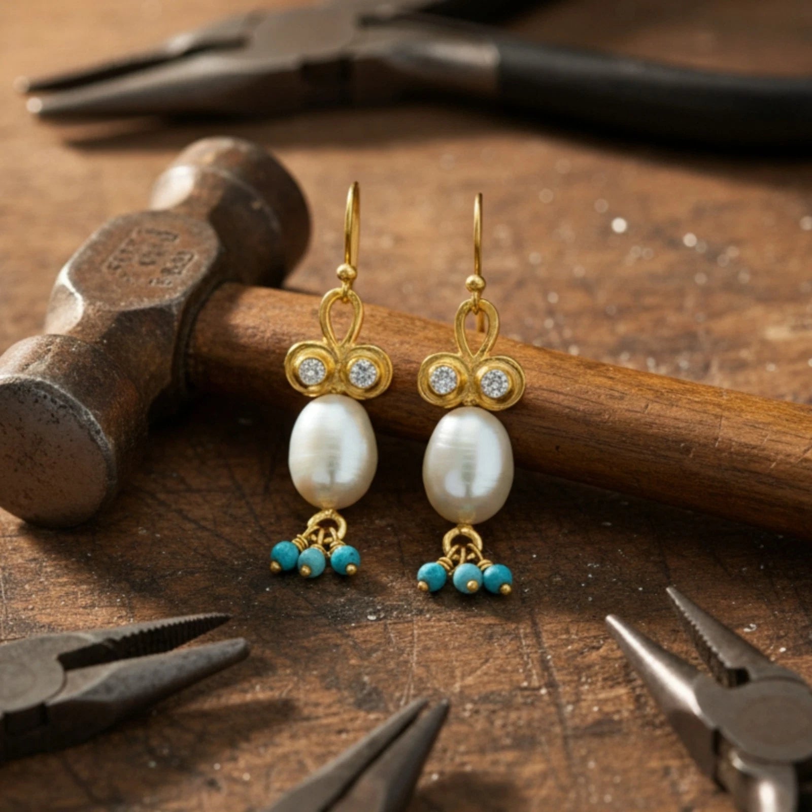 Designer Pearl Turquoise charm earrings from AtelierSultan Bodrum, handcrafted Turkish artisan jewelry with 925 sterling silver and Roman heritage
