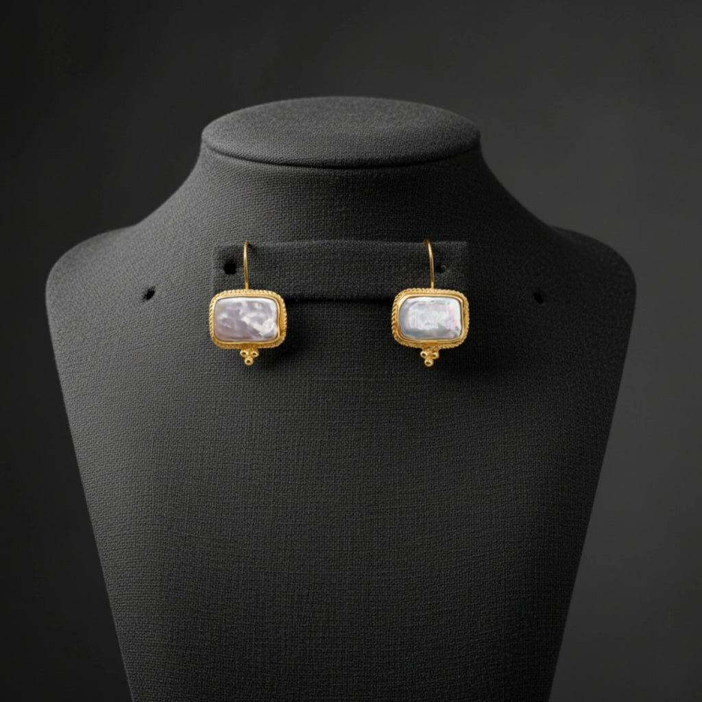 Designer Rectangle Pearl earrings from AtelierSultan Bodrum, handcrafted Turkish artisan jewelry with 925 sterling silver and ancient art inspiration
