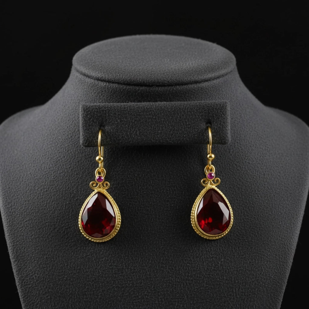 Designer Red Topaz drop earrings from AtelierSultan Bodrum, handcrafted Turkish artisan jewelry with 925 sterling silver and Roman heritage
