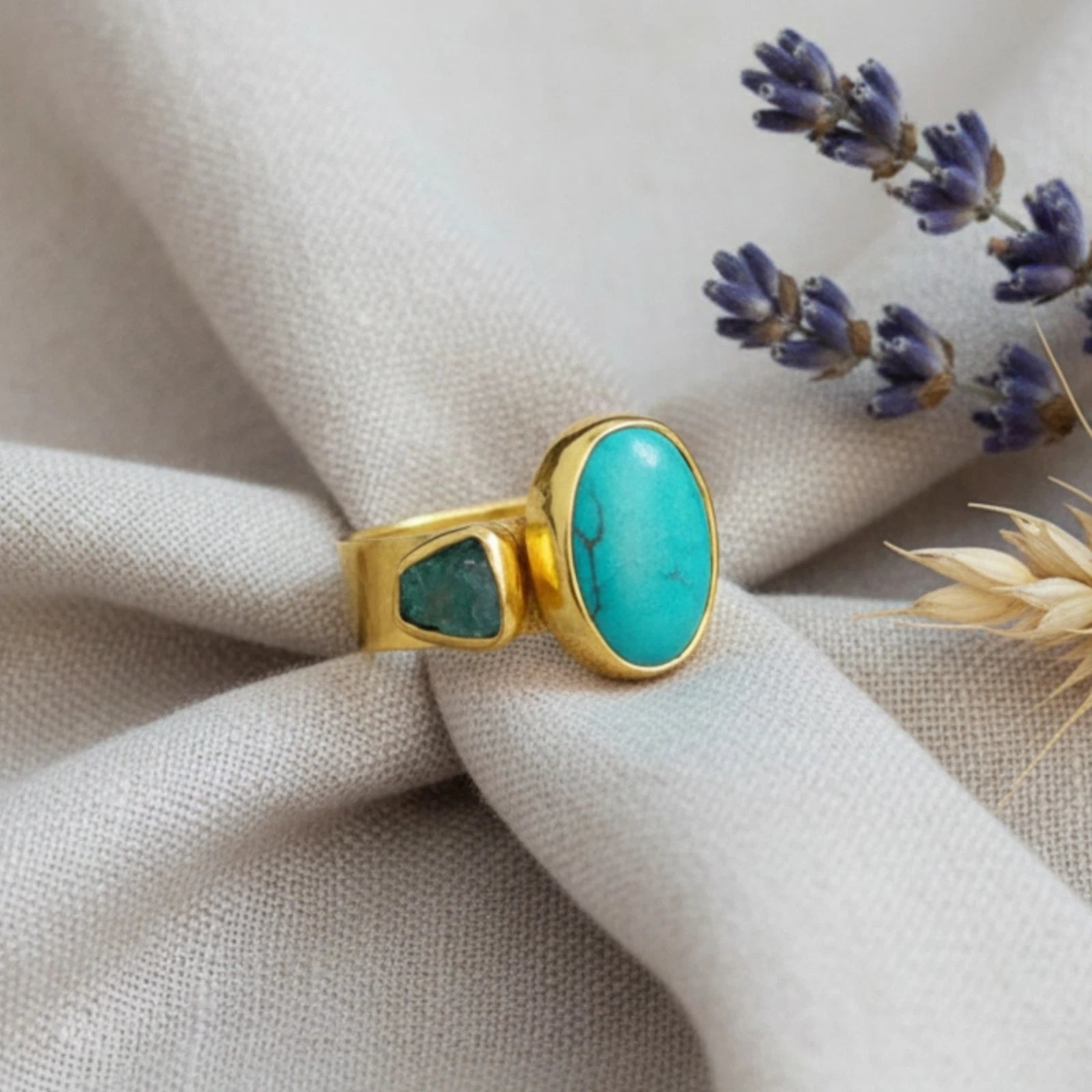 Designer Turquoise raw apatite Gemstone ring from Atelier Sultan Bodrum, handcrafted Turkish artisan jewelry with gold-plated 925 silver