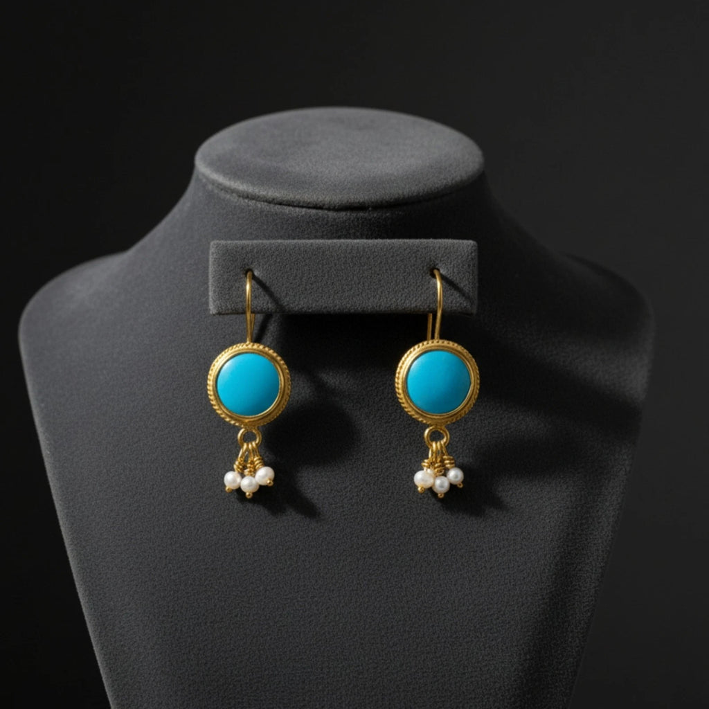 Designer Turquoise Pearl earrings from AtelierSultan Bodrum, handcrafted Turkish artisan jewelry with 925 sterling silver and Roman heritage
