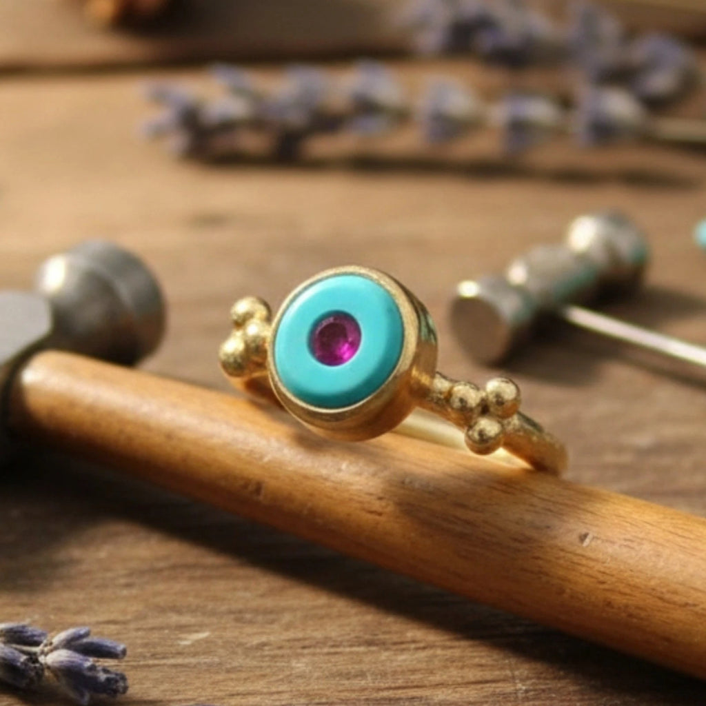 
Designer Turquoise Ruby ring from AtelierSultan Bodrum, handcrafted Turkish artisan jewelry with gold-plated 925 silver