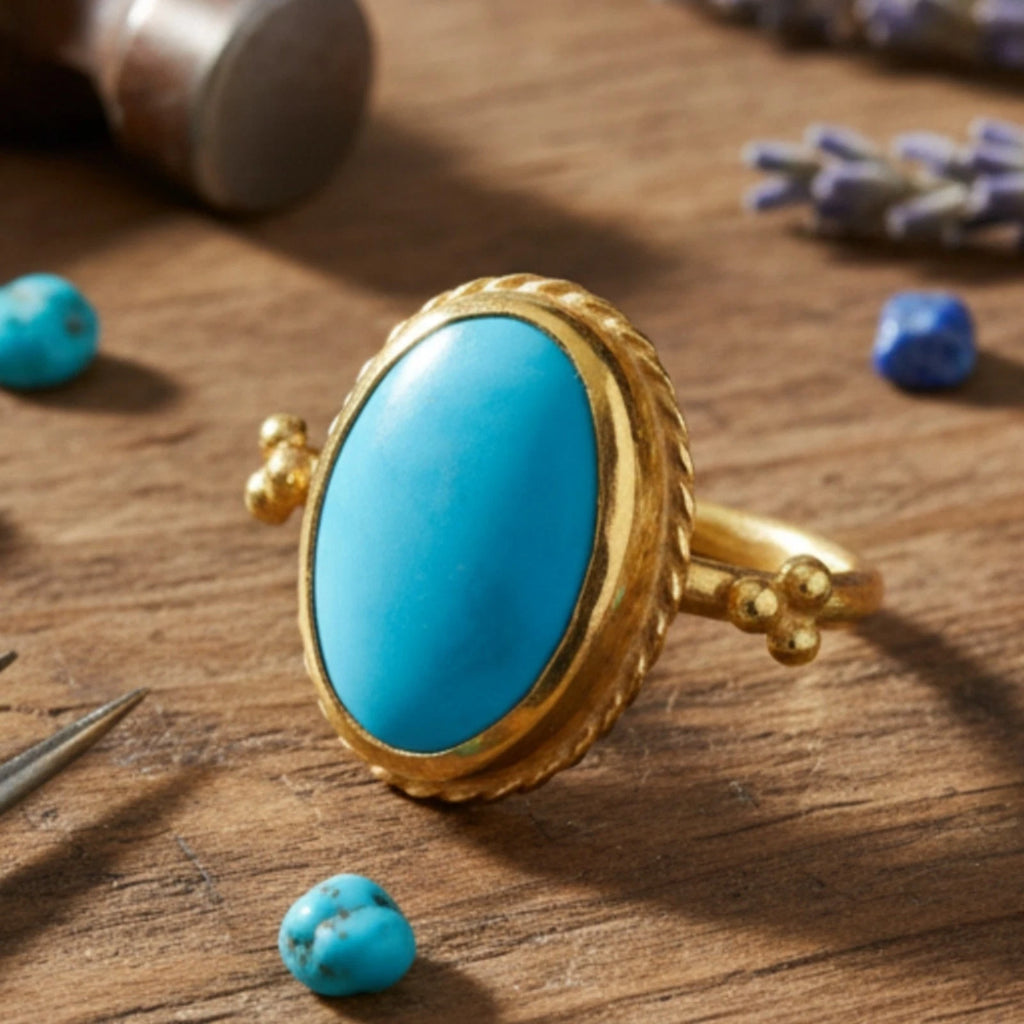 Designer Turquoise Ancient ring from Atelier Sultan Bodrum, handcrafted Turkish artisan jewelry with gold-plated 925 silver