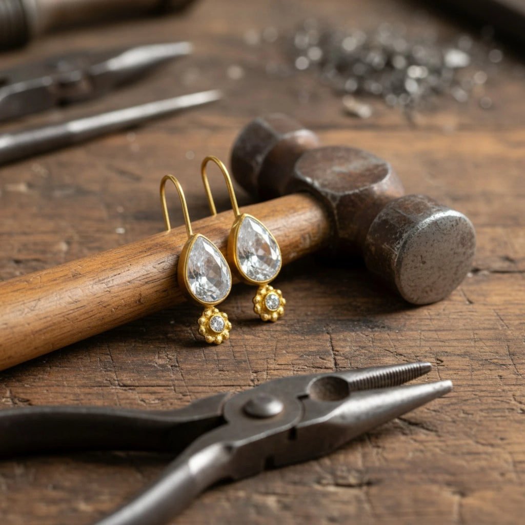 Designer White Topaz dainty earrings from AtelierSultan Bodrum, handcrafted Turkish artisan jewelry with 925 sterling silver and ancient art inspiration
