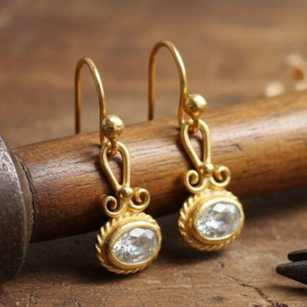 Designer White Topaz dainty earrings from AtelierSultan Bodrum, handcrafted Turkish artisan jewelry with 925 sterling silver and ancient art inspiration

