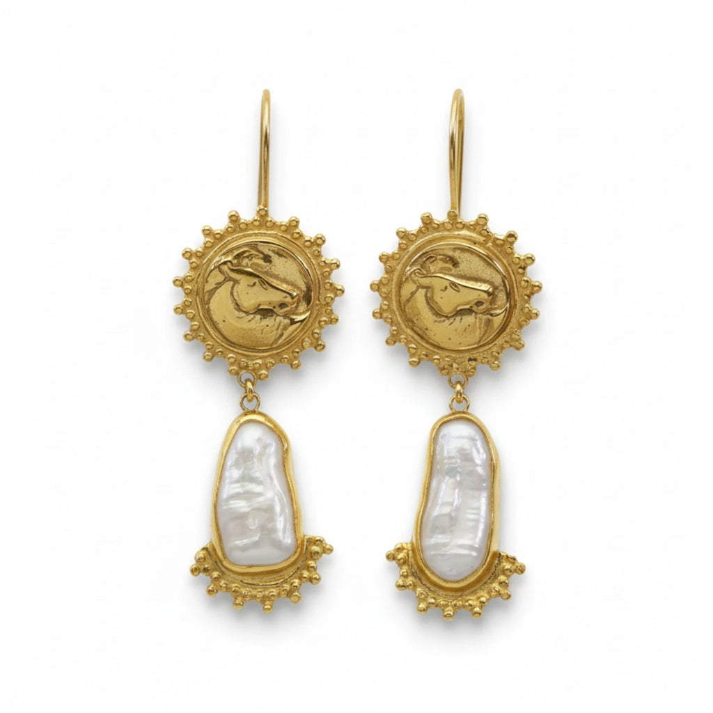 Horse Coin and Pearl earrings handcrafted by designer Sultan in Bodrum atelier, 925 sterling silver Turkish jewelry symbolizing freedom and purity
