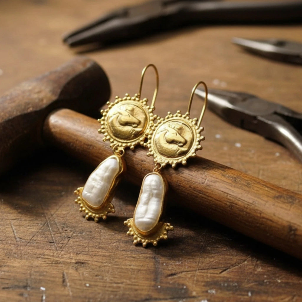 Turkish Horse Coin and Pearl earrings by designer Sultan Bodrum, 925 silver handmade artisan jewelry gift with freedom and purity symbols
