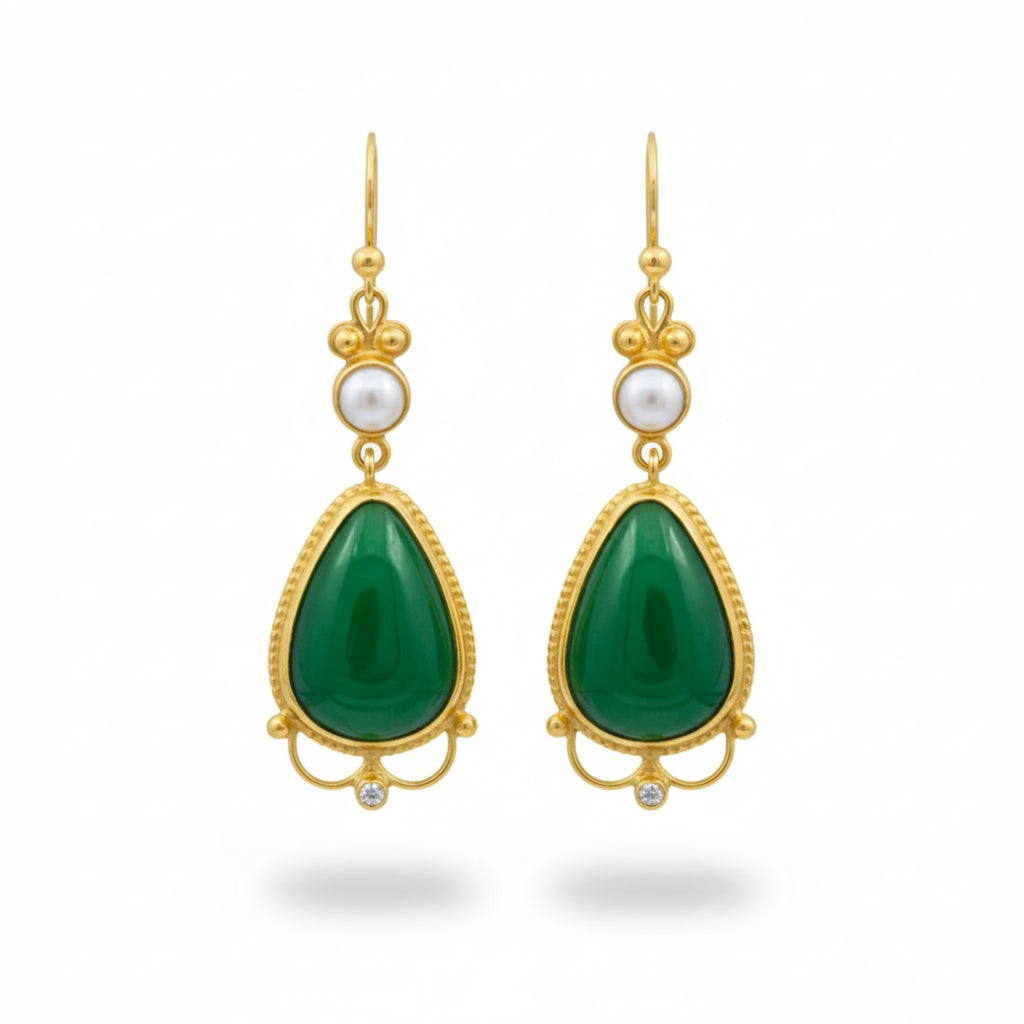 Green Jade and Pearl drop earrings handcrafted by designer Sultan in Bodrum atelier, 925 sterling silver Turkish jewelry symbolizing harmony and purity
