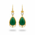 Green Jade and Pearl drop earrings handcrafted by designer Sultan in Bodrum atelier, 925 sterling silver Turkish jewelry symbolizing harmony and purity
