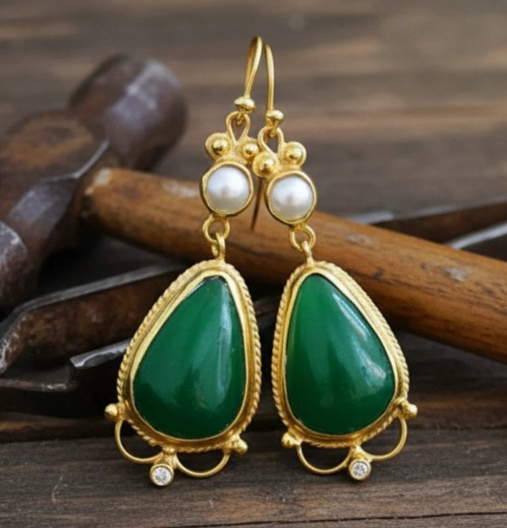 Turkish Jade and Pearl drop earrings by designer Sultan Bodrum, 925 silver handmade artisan jewelry gift with harmony and purity symbols