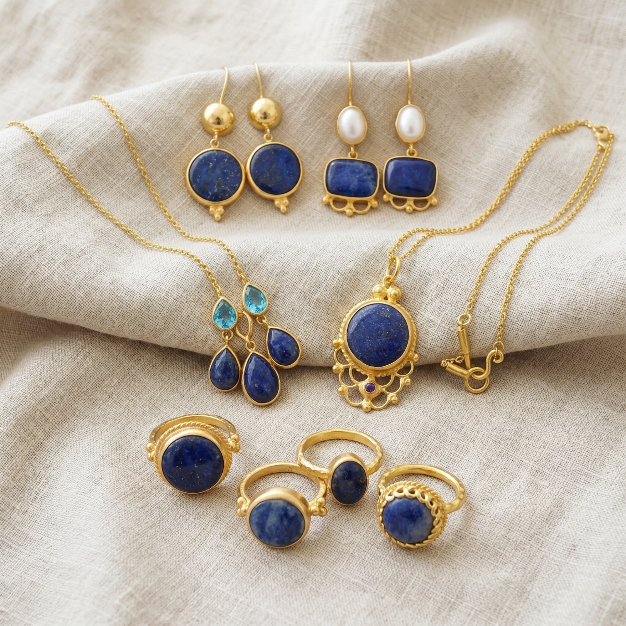 sodalite lapis lazuli gold jewelry collection By sultan Bodrum turkish artisan