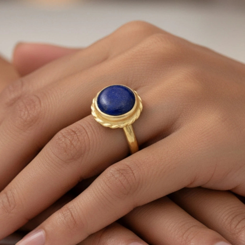 Lapis Lazuli ring handcrafted by designer Sultan in Bodrum atelier, 925 sterling silver with gold plating, Turkish jewelry symbolizing ancient wisdom