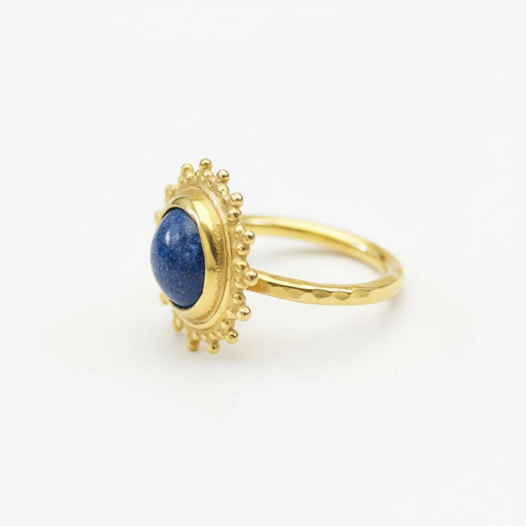 Lapis Lazuli ring handcrafted by designer Sultan in Bodrum atelier, 925 sterling silver with gold plating, Turkish jewelry