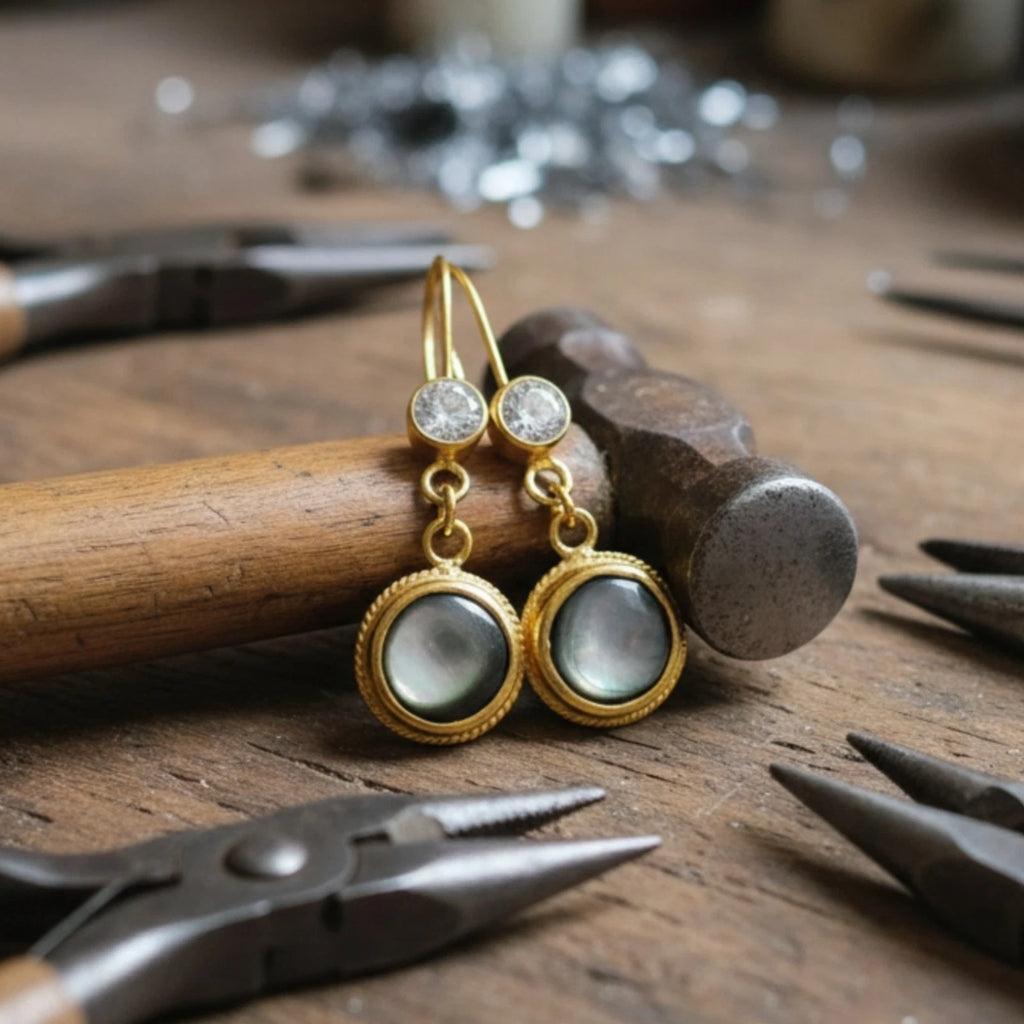 Turkish Mother of Pearl gold-plated earrings by designer Sultan Bodrum, 925 silver handmade artisan jewelry with Mediterranean warmth