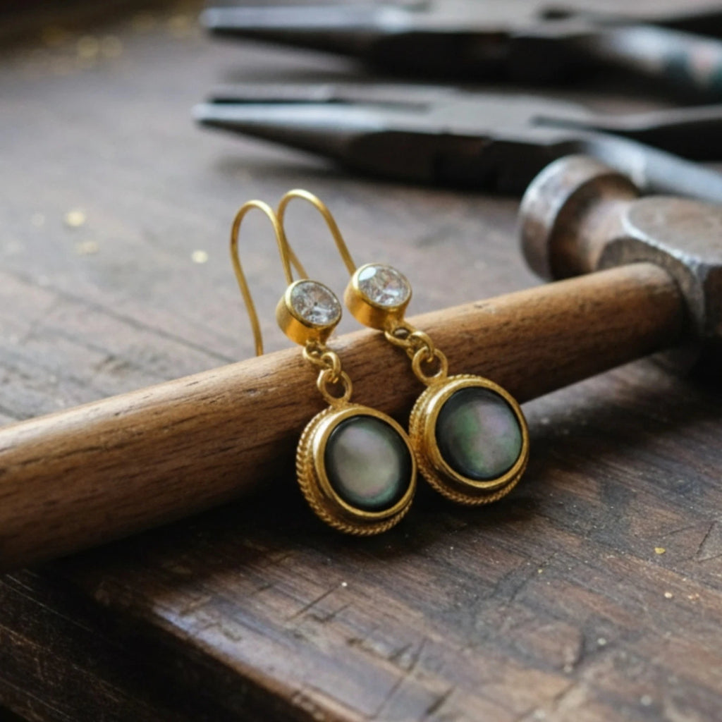 Turkish Mother of Pearl earrings by designer Sultan Bodrum, 925 silver handmade artisan jewelry gift with purity and serenity symbols
