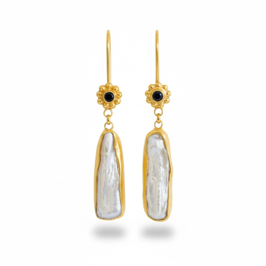 Onyx Pearl dangle earrings handcrafted by designer Sultan in Bodrum atelier, 925 sterling silver Turkish jewelry