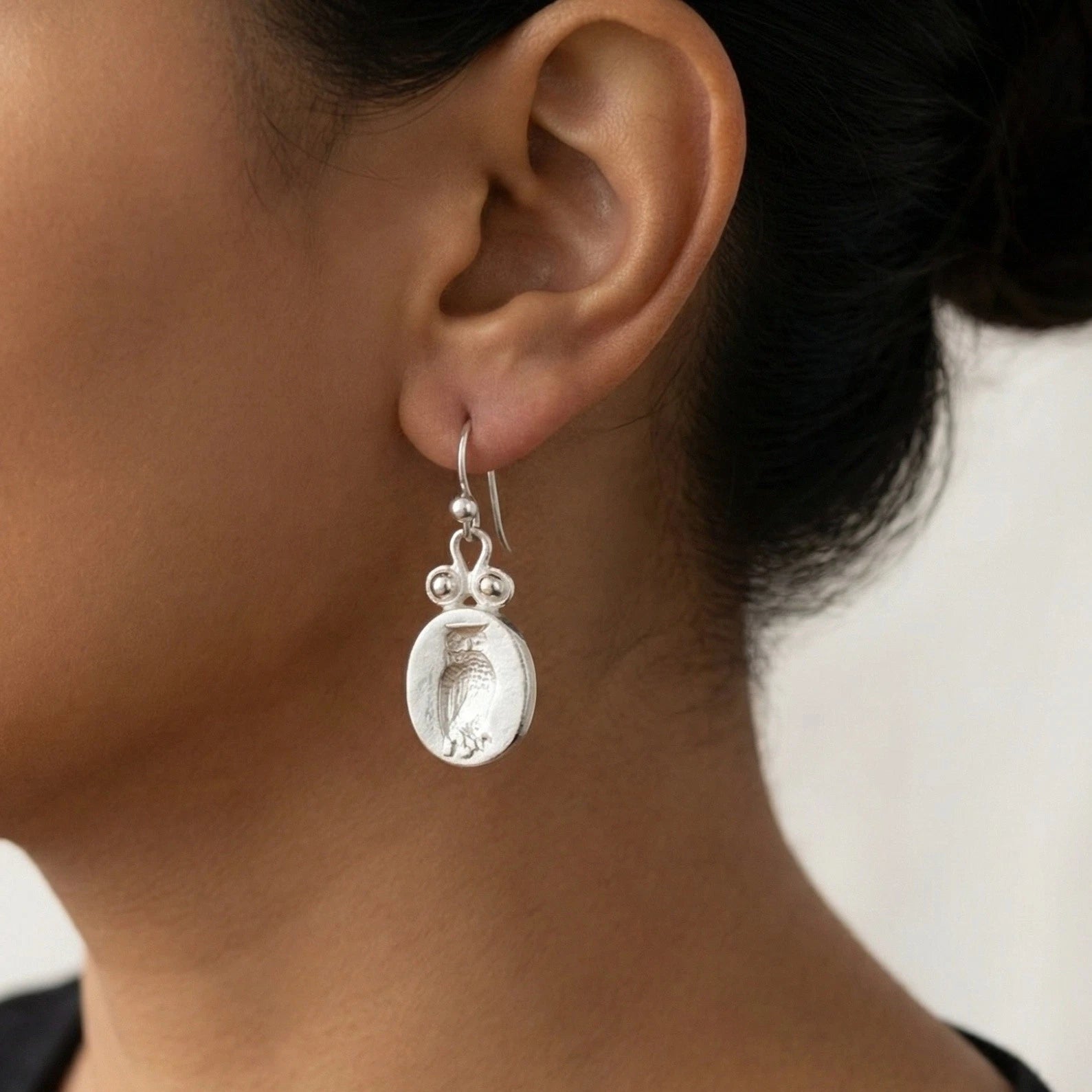 Turkish artisan owl wisdom earrings with ancient Roman design
