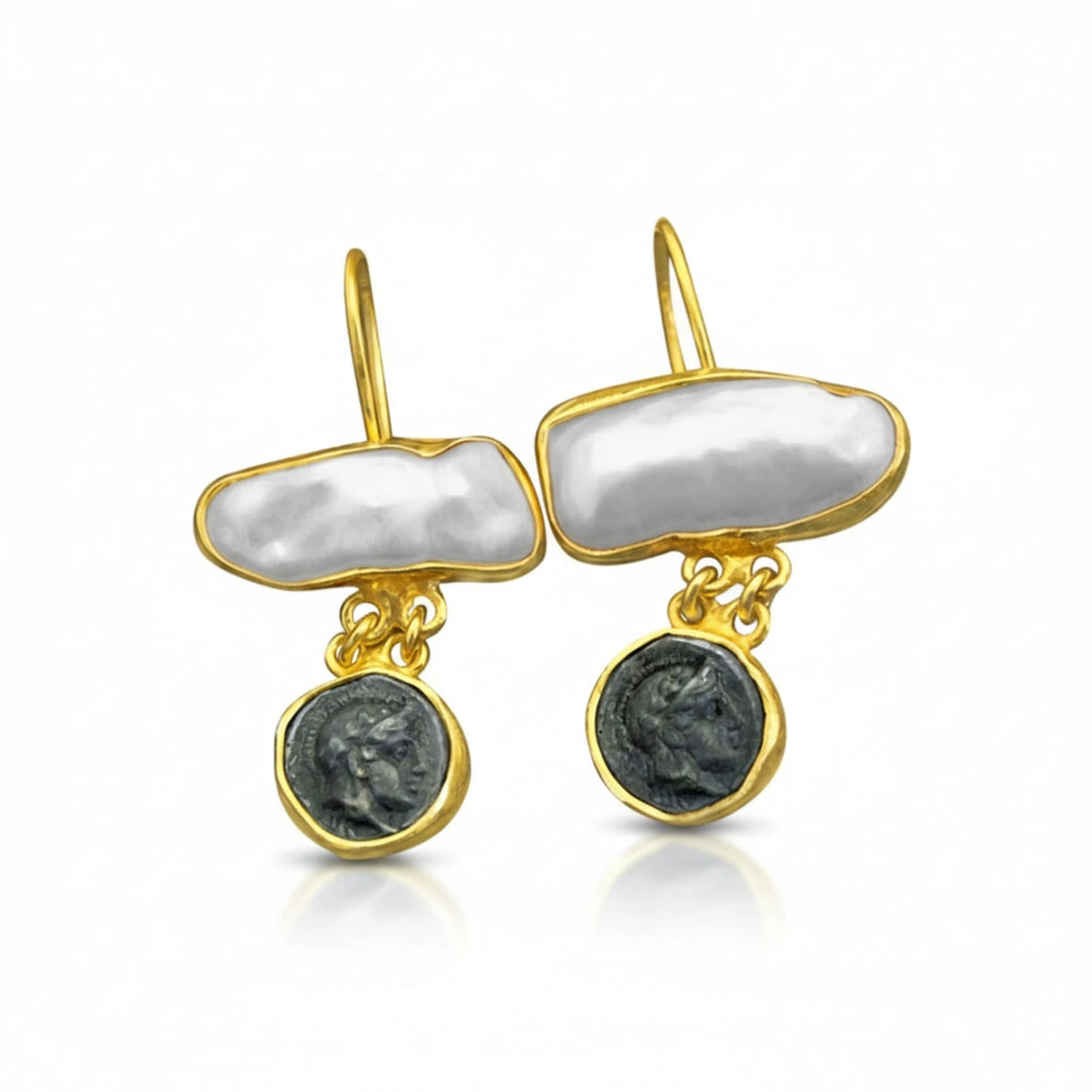 Pearl and Alexander Coin earrings handcrafted by designer Sultan in Bodrum atelier, 925 sterling silver Turkish jewelry symbolizing victory and wisdom
