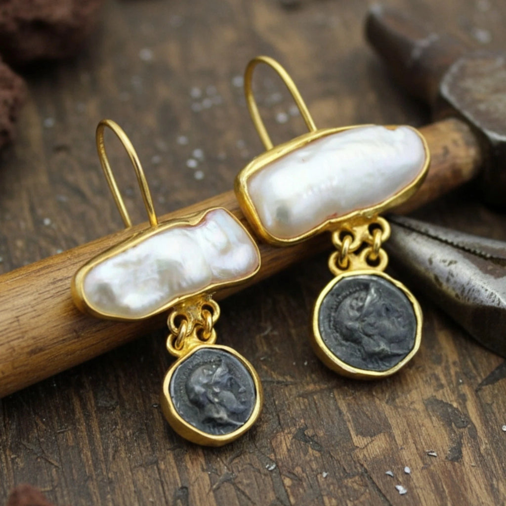 Turkish Pearl and Alexander Coin earrings by designer Sultan Bodrum, 925 silver handmade artisan jewelr