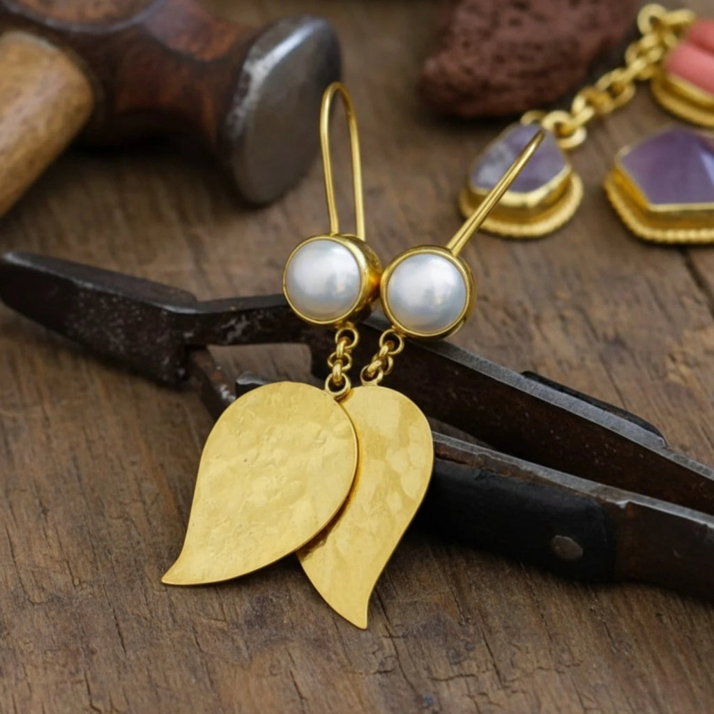 Turkish Pearl Leaf gold-plated earrings by designer Sultan Bodrum, 925 silver handmade artisan jewelry with Mediterranean warmth
