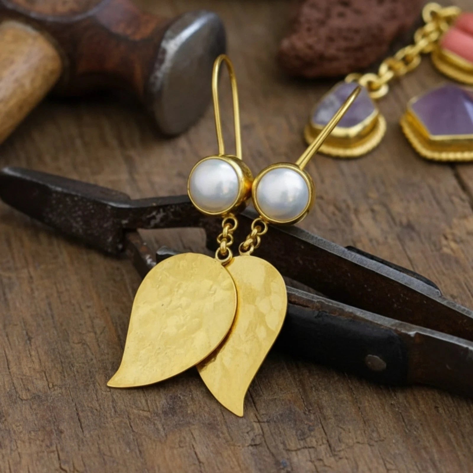 Turkish Pearl Leaf gold-plated earrings by designer Sultan Bodrum, 925 silver handmade artisan jewelry with Mediterranean warmth
