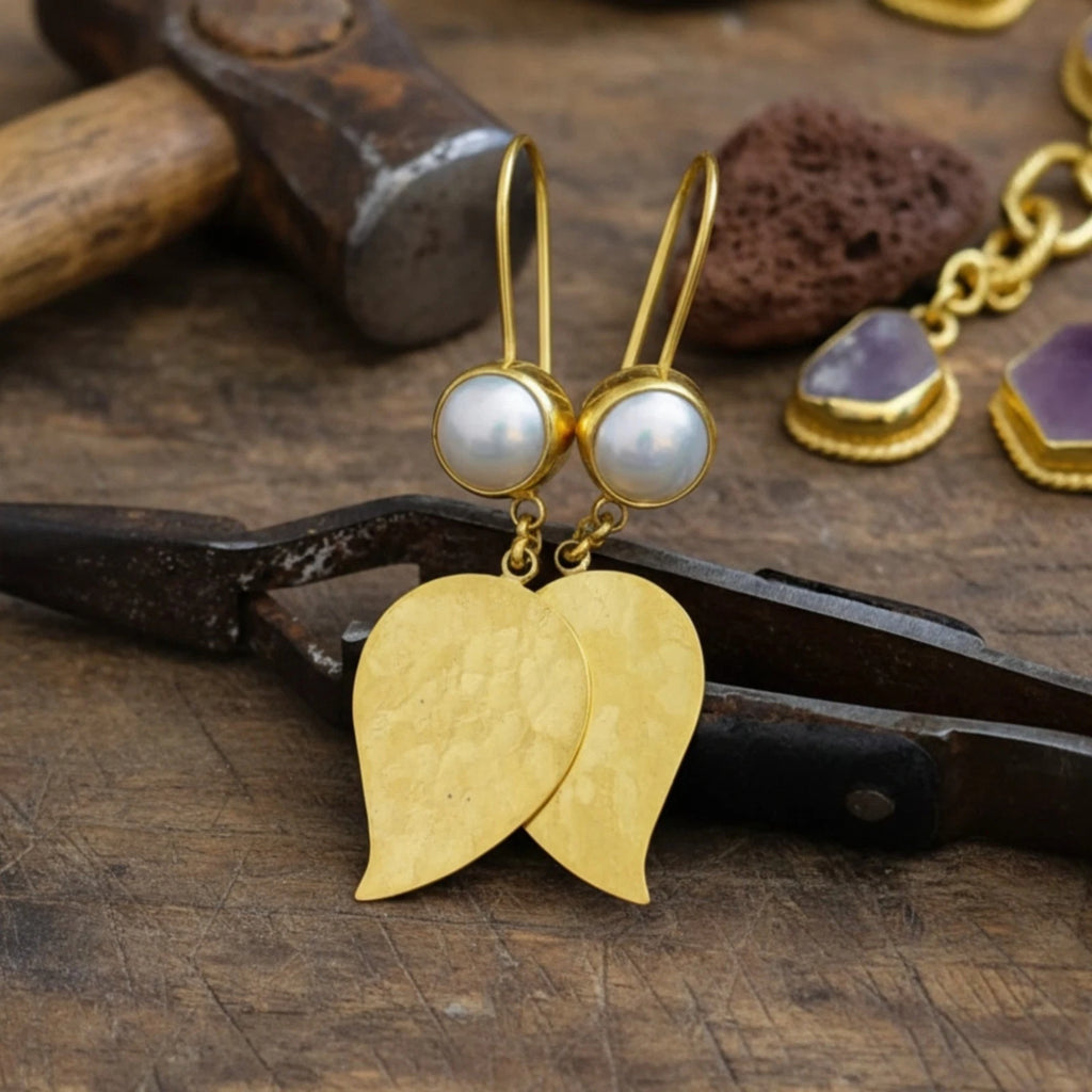 Turkish Pearl Leaf earrings by designer Sultan Bodrum, 925 silver handmade artisan jewelry gift with purity and nature symbols
