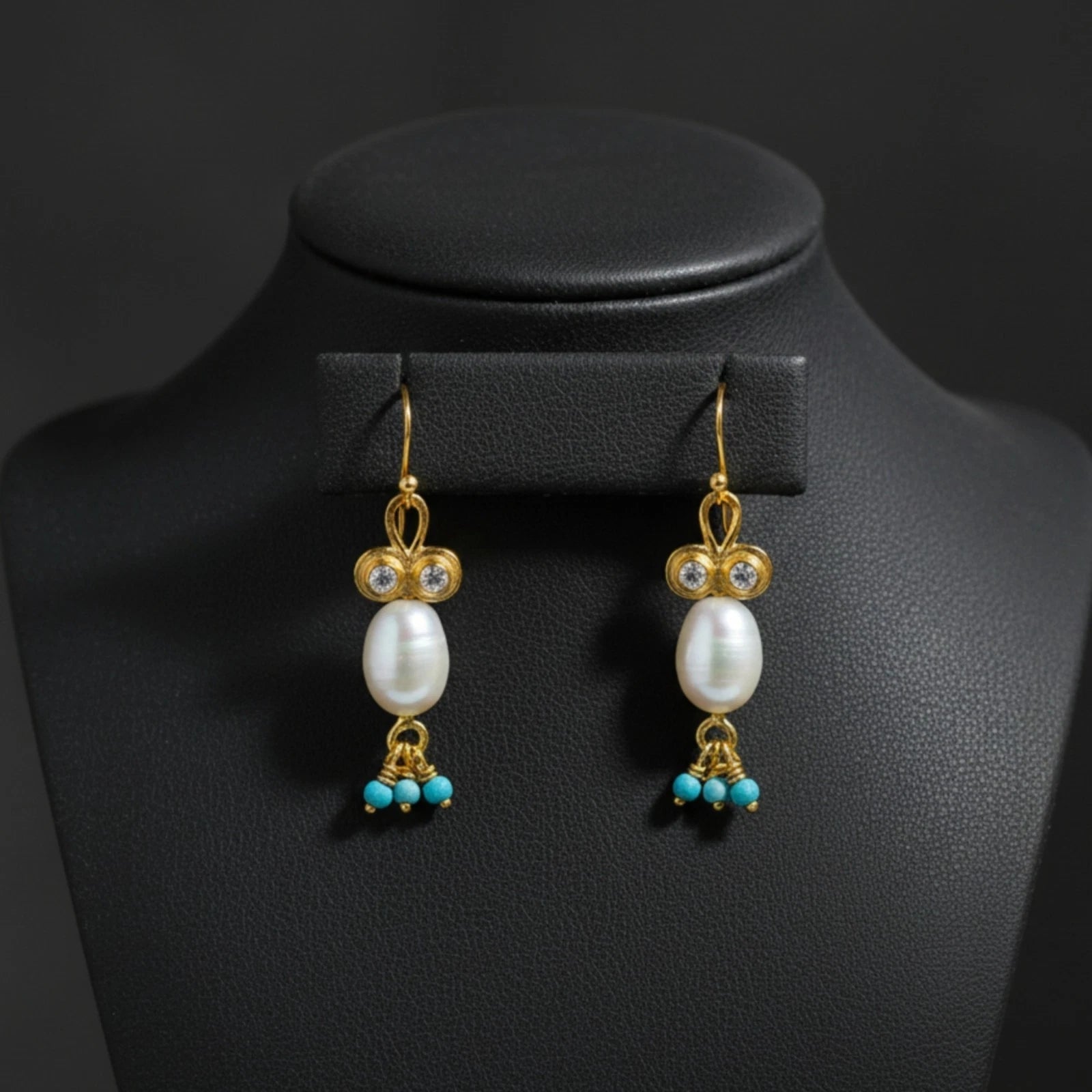 Turkish Pearl and Turquoise earrings by designer Sultan Bodrum, 925 silver handmade artisan jewelry gift with protection and purity symbols