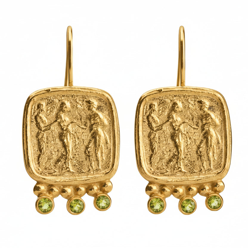 Sultan peridot Roman coin earrings, statement jewelry for women
