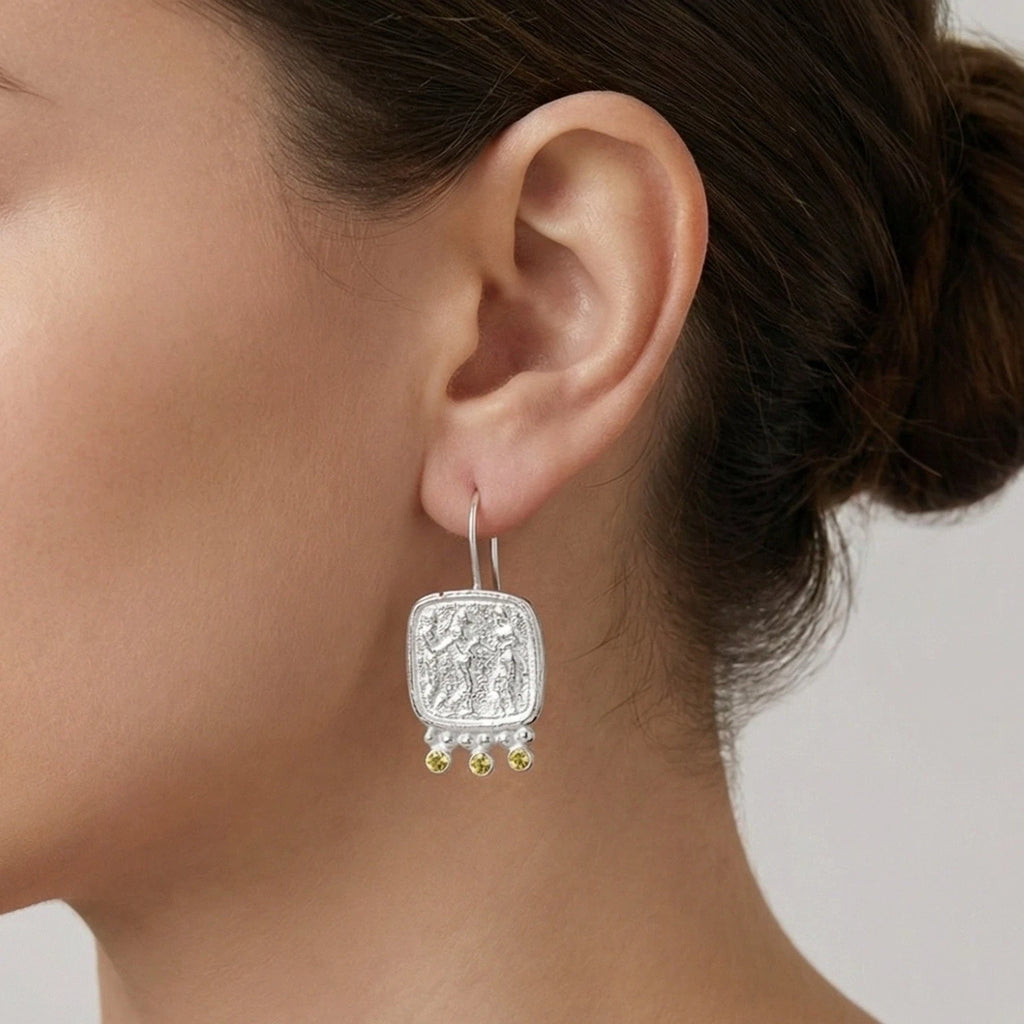 Turkish artisan peridot Roman coin earrings with prosperity symbol
