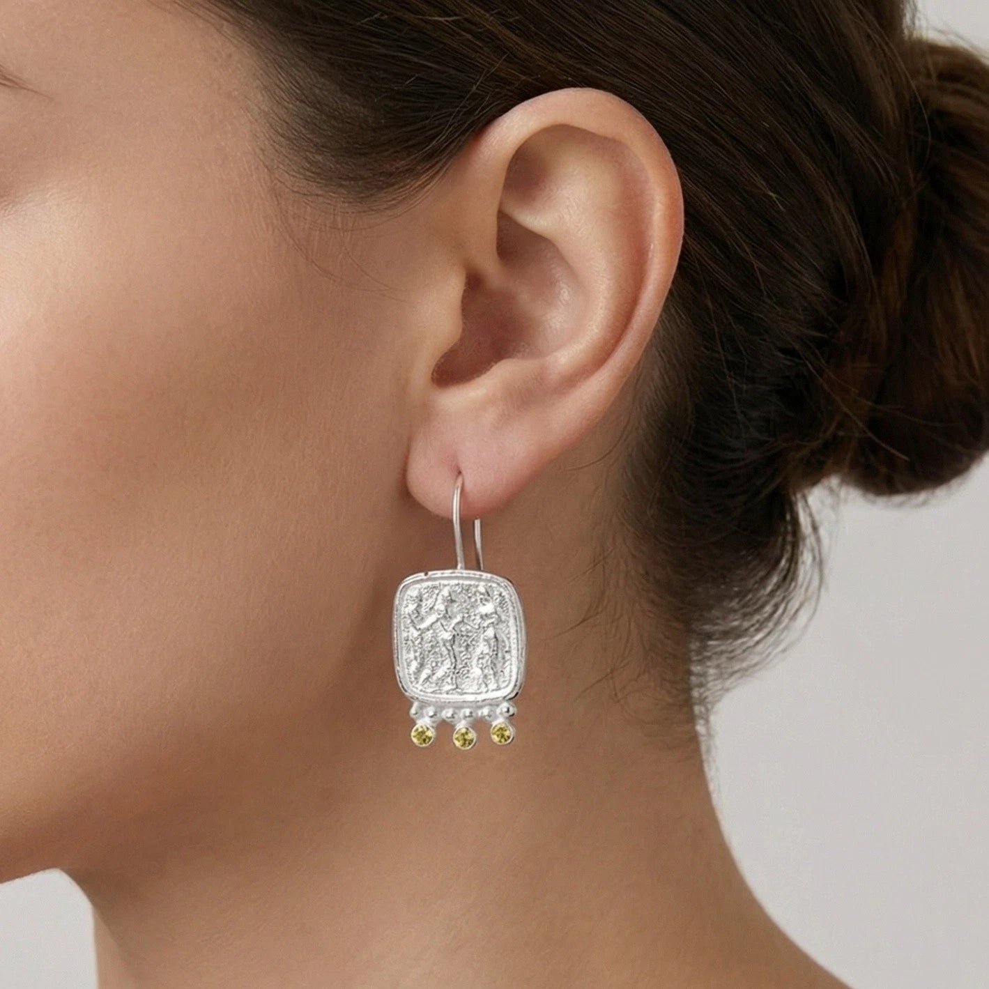 Turkish artisan peridot Roman coin earrings with prosperity symbol
