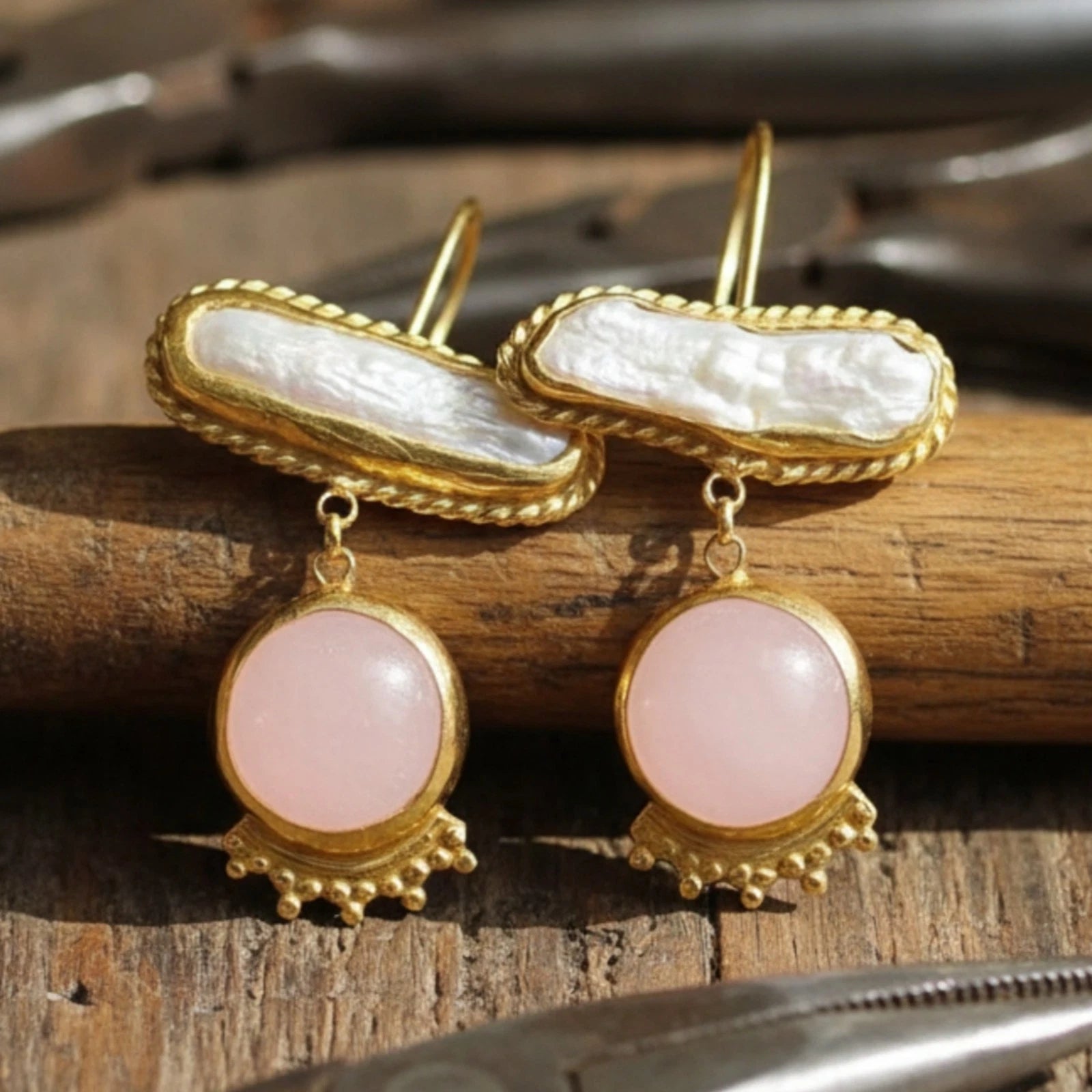 Elegant pearl and pink quartz dangle earrings, symbol of love, handcrafted in Bodrum atelier
