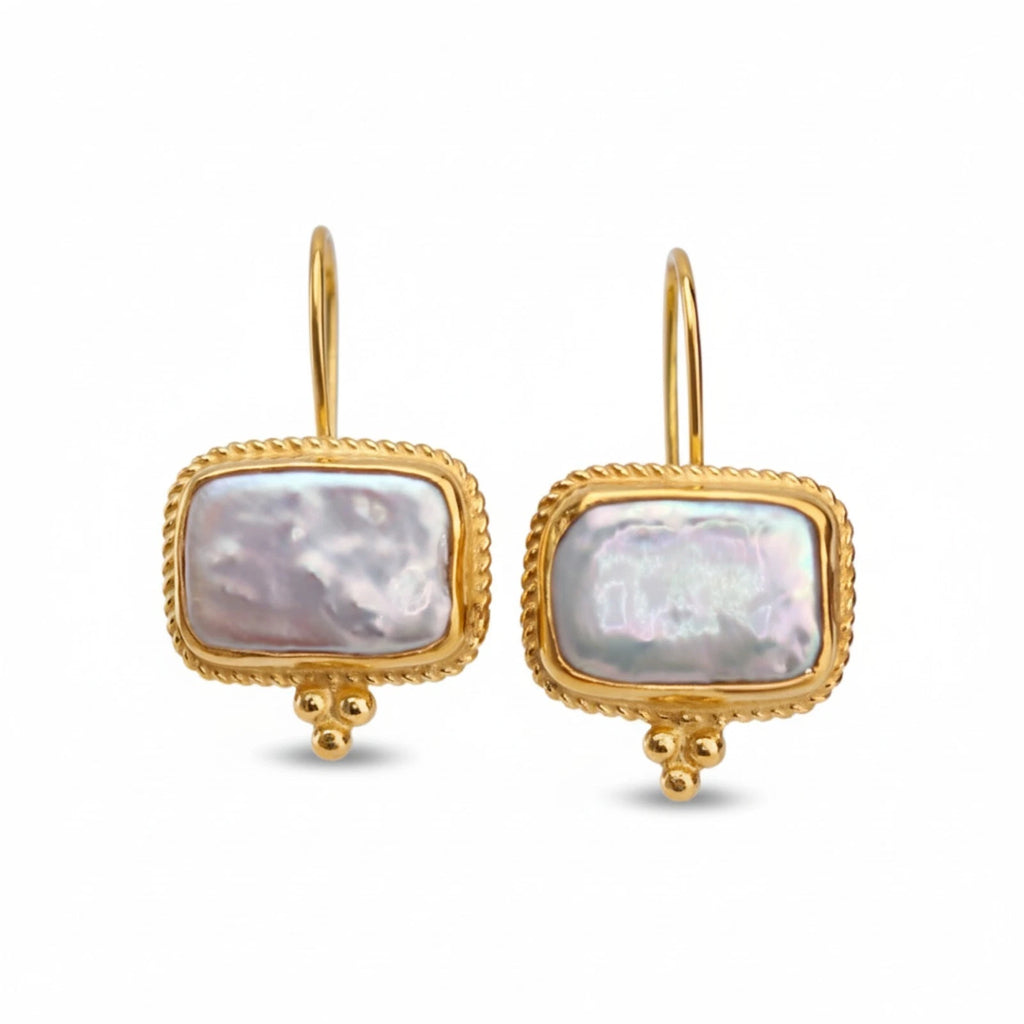 Rectangle Pearl earrings handcrafted by designer Sultan in Bodrum atelier, 925 sterling silver Turkish jewelry symbolizing elegance and serenity
