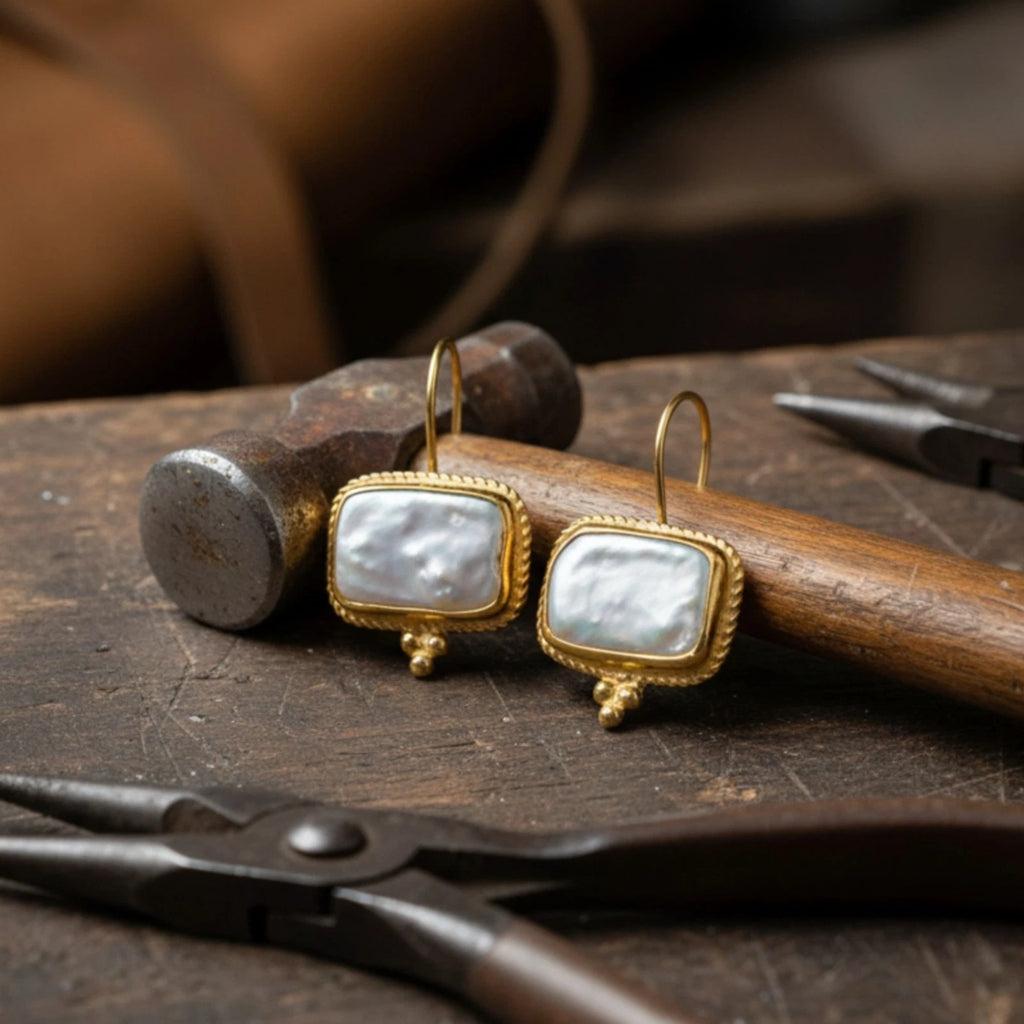 Turkish Rectangle Pearl earrings by designer Sultan Bodrum, 925 silver handmade artisan jewelry gift with elegance and serenity symbols
