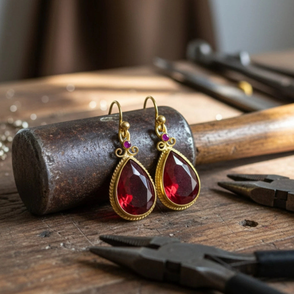Turkish Red Topaz gold-plated drop earrings by designer Sultan Bodrum, 925 silver handmade artisan jewelry with Mediterranean warmth