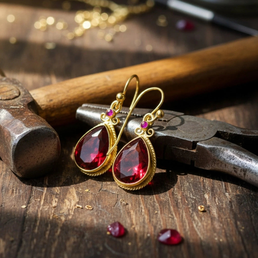 Turkish Red Topaz drop earrings by designer Sultan Bodrum, 925 silver handmade artisan jewelry gift with vitality and passion symbols

