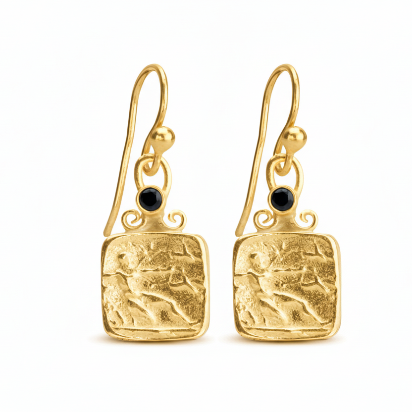 Artisan Roman Coin gold earrings with archer motif reproduction, handmade by Sultan in Bodrum, Turkish designer jewelry celebrating history with 925 silver
