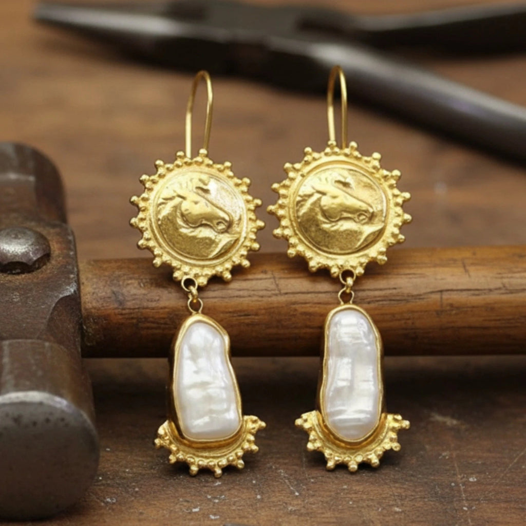 Ancient Roman Horse Coin and Pearl earrings by artisan Sultan, Bodrum Turkish designer jewelry with 925 silver and ancient art inspiration
