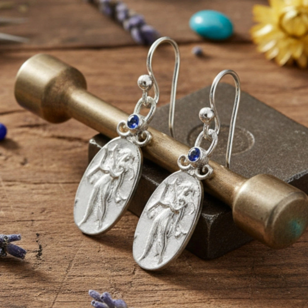 Turkish artisan Roman lyre coin earrings with ancient art design
