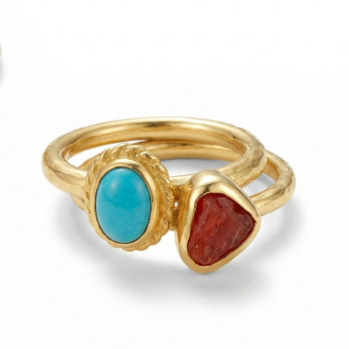 Raw Ruby and Turquoise stack ring set handcrafted by designer Sultan in Bodrum atelier, 925 sterling silver Turkish jewelry symbolizing passion and protection