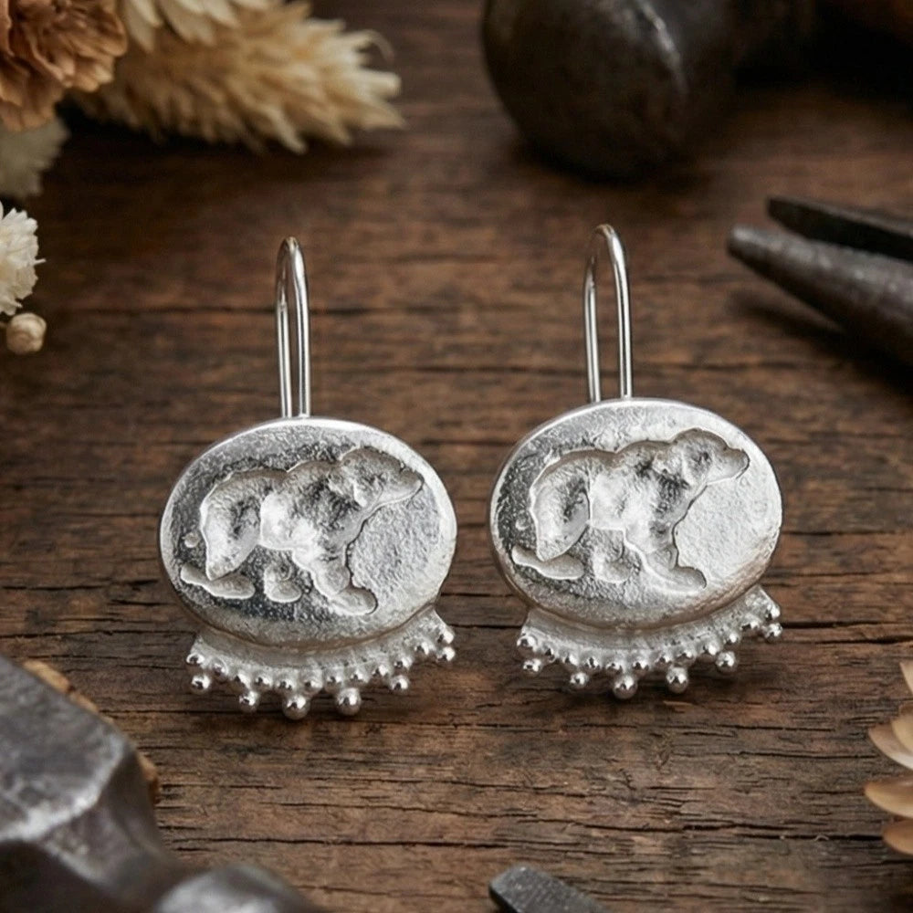 925 silver grizzly bear coin earrings handcrafted in Bodrum atelier
