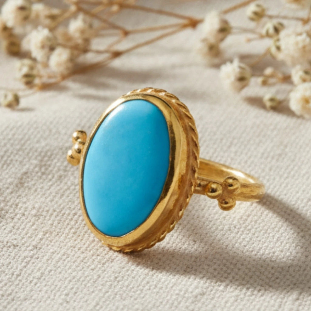 Turkish Turquoise gemstone ring by designer Sultan Bodrum, 925 silver handmade artisan jewelry gift with hammered style