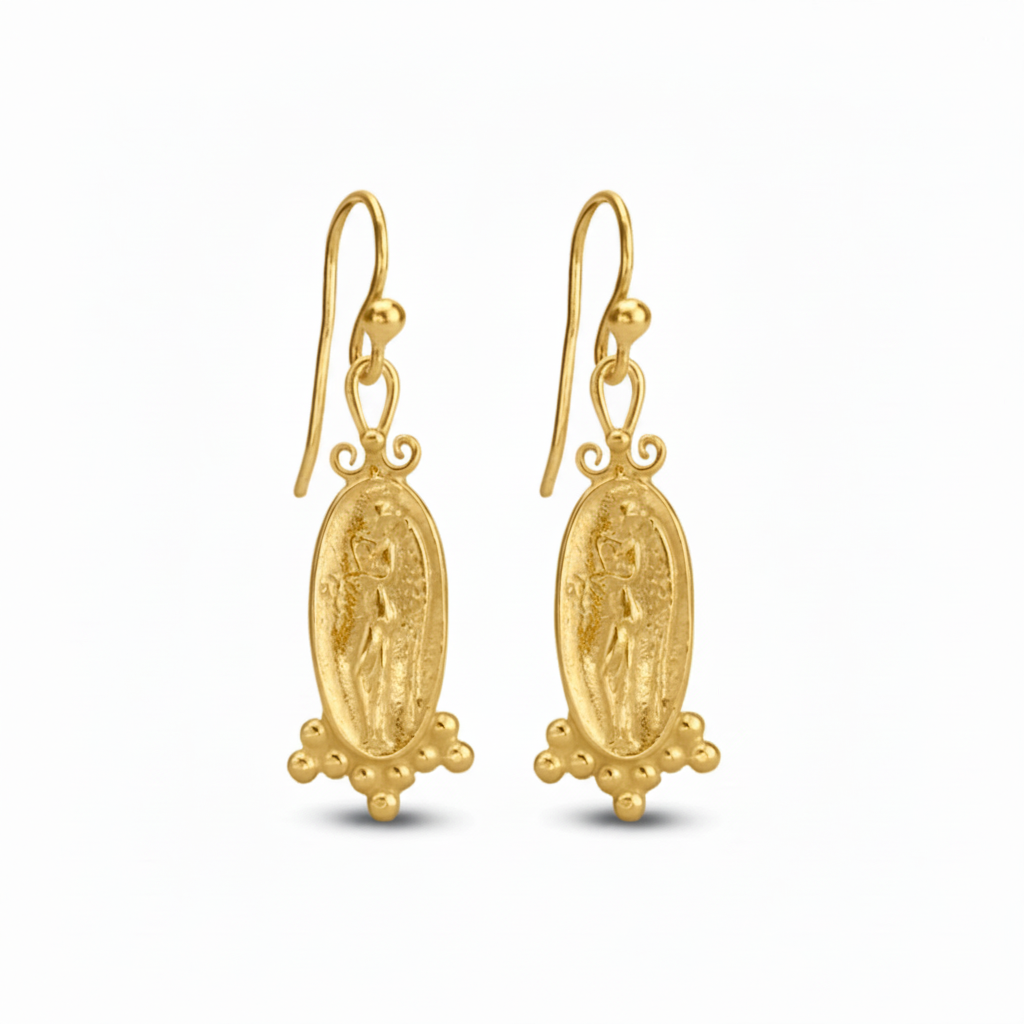 Turkish artisan coin gold angel earrings with protection symbol design