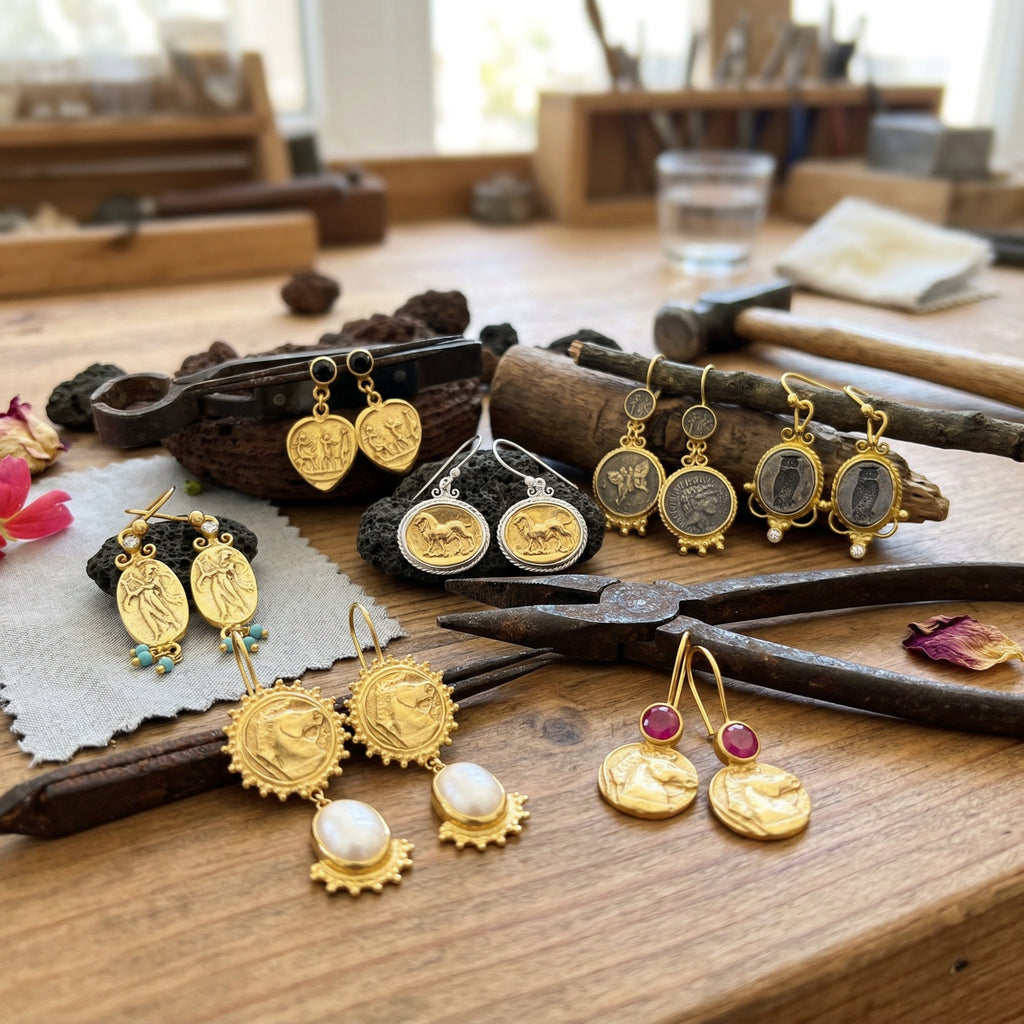 ancient roman rustic coin  artisan earrings by sultan bodrum