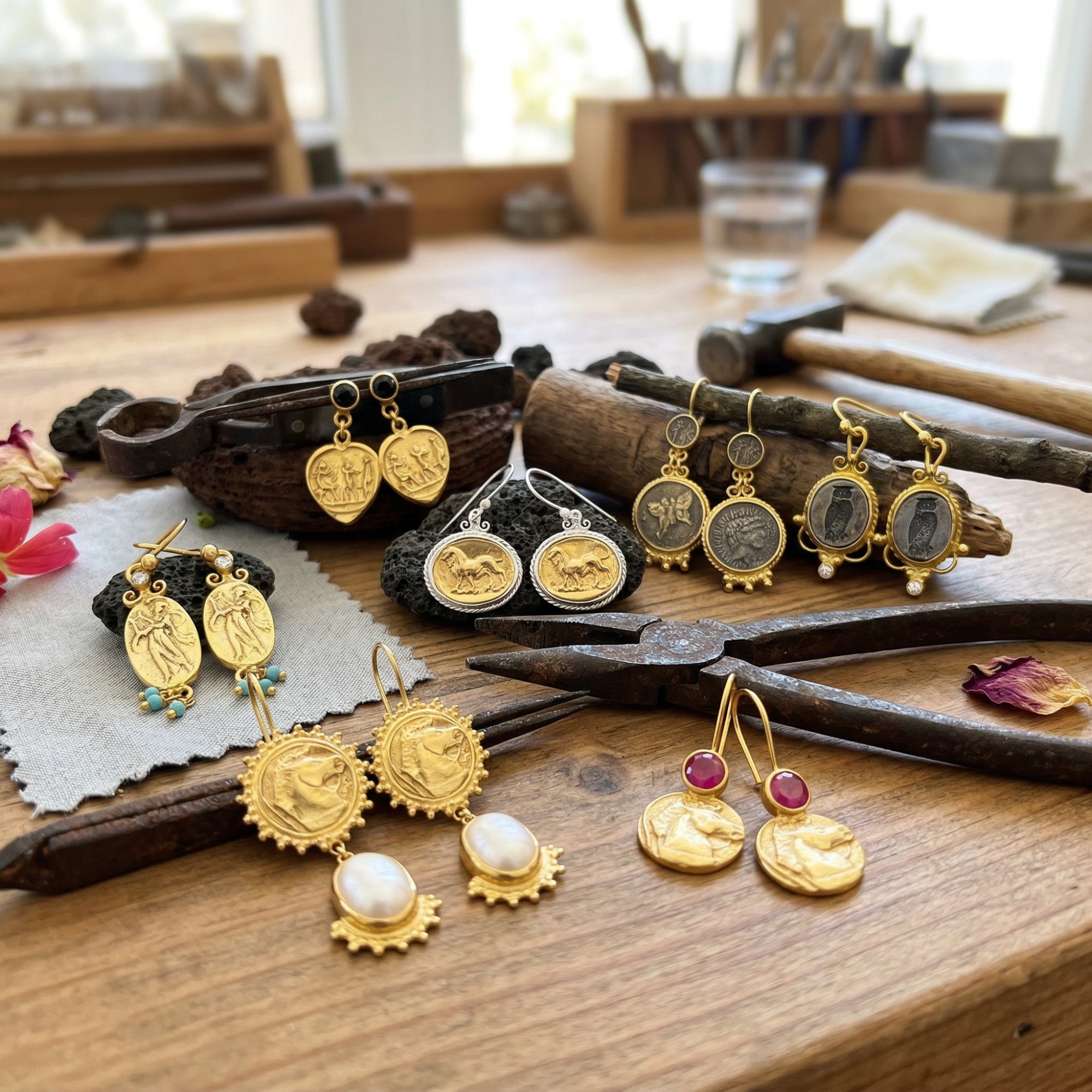 ancient roman rustic coin  artisan earrings by sultan bodrum