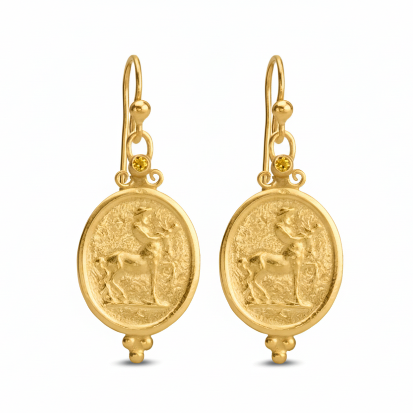 Turkish artisan Centaur gold coin earrings with yellow topaz gemstone