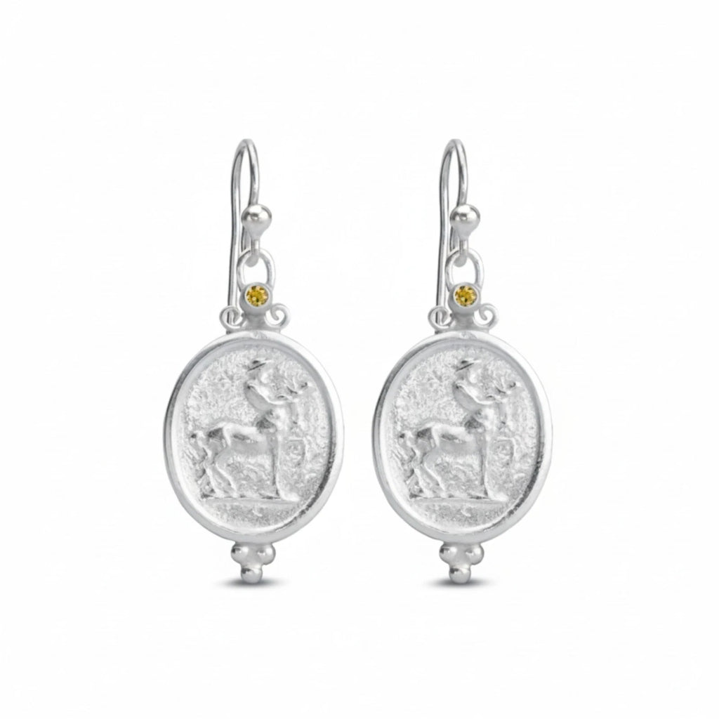 Handmade Centaur coin earrings with yellow topaz in 925 silver by Sultan
