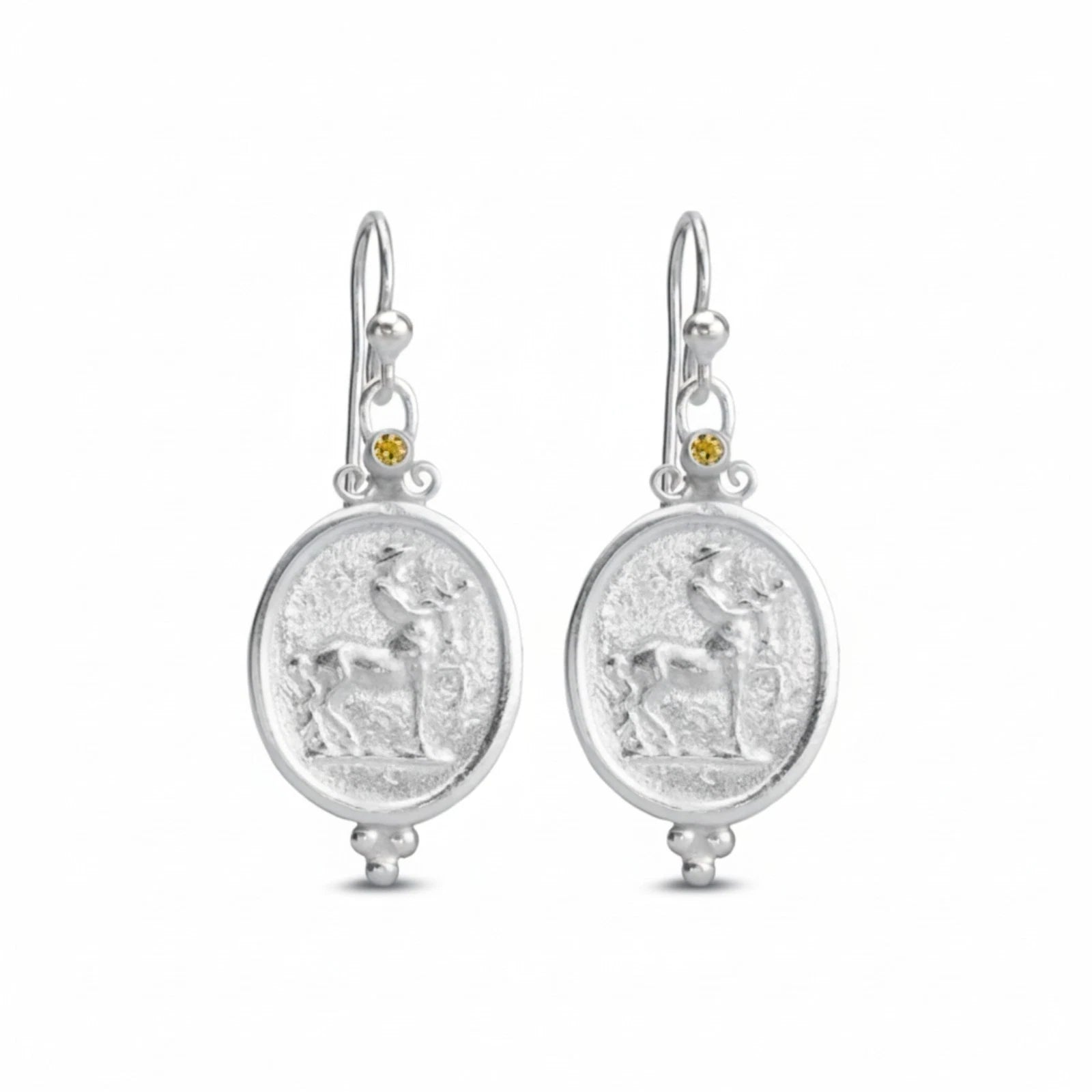 Handmade Centaur coin earrings with yellow topaz in 925 silver by Sultan
