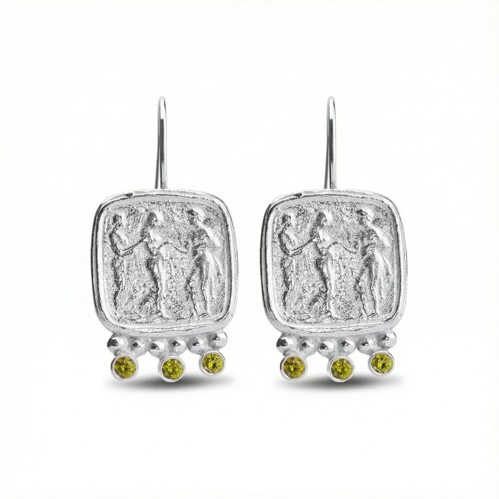 Handmade peridot Roman coin earrings in 925 silver by Sultan
